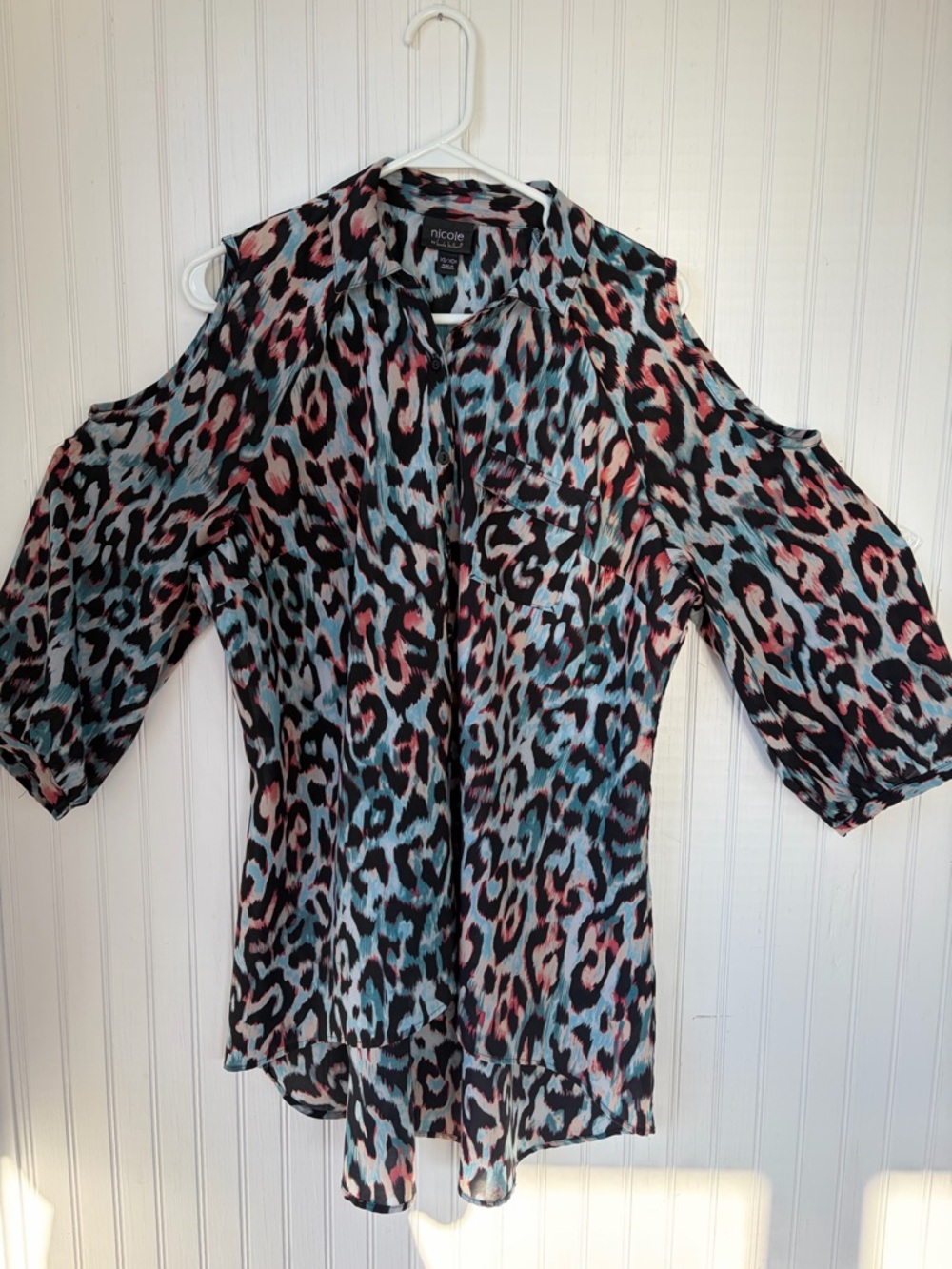 Nicole Cold-Shoulder Leopard Print Blouse in Blue and Pink